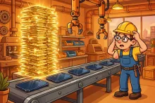 Cartoon illustration of a smartphone factory where memory chips tower like gold bars next to a phone assembly line