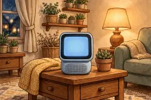 Cartoon illustration of a smart home hub with a square touchscreen on a living room side table.