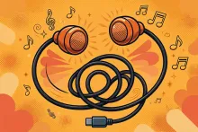 Cartoon illustration of wired earbuds with a looping cable ending in a USB-C plug.