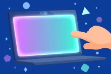 Cartoon illustration of a touchscreen laptop with a glowing display and a stylized finger touching the screen