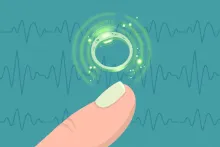Cartoon illustration of a glowing health-tracking smart ring floating above a stylized fingertip with heartbeat waves
