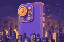 Cartoon illustration of a giant smartphone with an oversized camera lens against a night city skyline