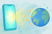 Cartoon illustration of a smartphone glowing with radiating waves sending golden coins across a dotted globe