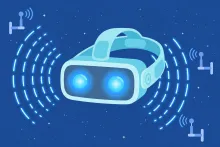 Cartoon illustration of a futuristic VR headset with glowing blue lenses and wireless waves reaching small room antennas