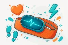Cartoon illustration of a fitness tracker band with a glowing display, surrounded by playful health icons such as a heart and footsteps.