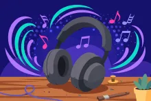 Cartoon illustration of premium wireless over-ear headphones on a studio workbench with swirling sound waves