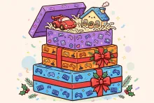 Cartoon illustration of three colorful video game console gift boxes with holiday ribbon.