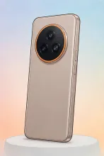 Cartoon illustration of a sleek smartphone with a large circular camera module ringed in orange.