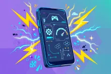 Cartoon illustration of a high-spec smartphone with lightning energy effects around it.