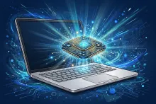 Cartoon illustration of a silver laptop with a glowing computer chip rising above the keyboard.