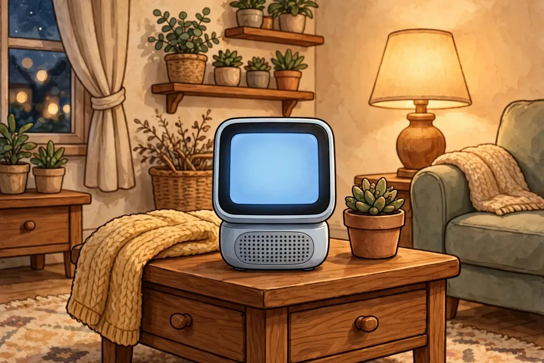Cartoon illustration of a smart home hub with a square touchscreen on a living room side table.