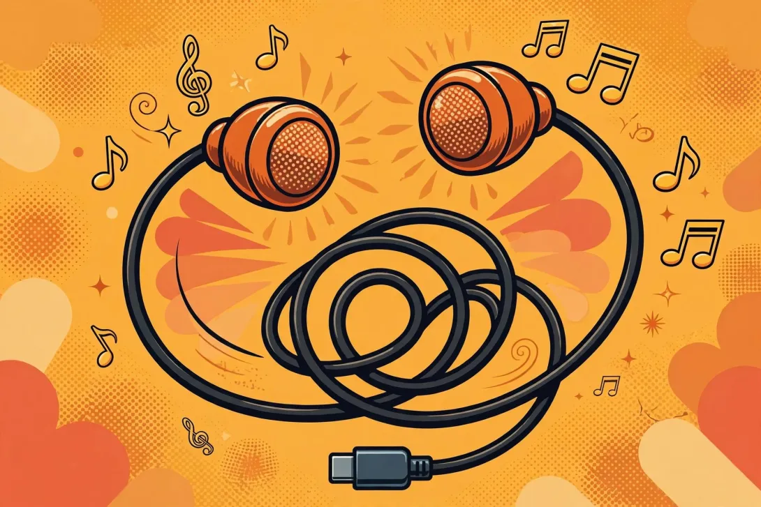 Cartoon illustration of wired earbuds with a looping cable ending in a USB-C plug.