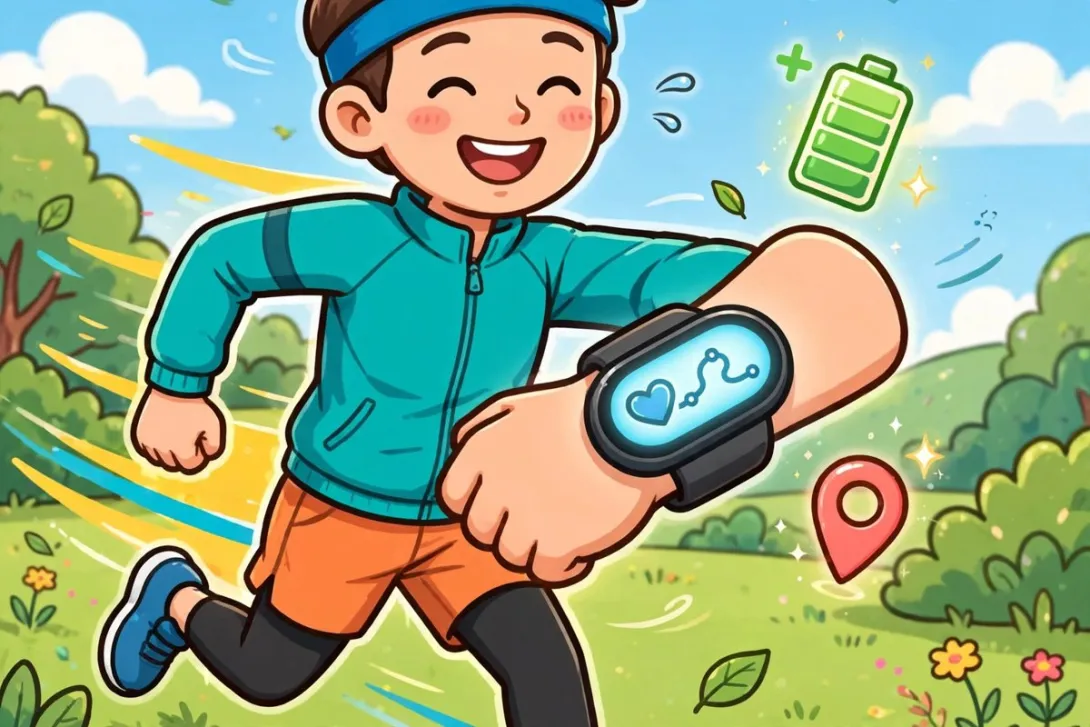 Cartoon illustration of a slim fitness tracker with a bright screen worn by a runner, with battery and location symbols nearby.