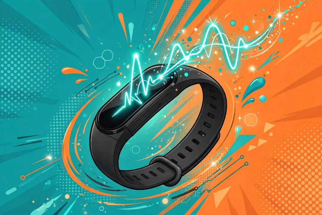 Cartoon illustration of a slim fitness tracker wristband with a glowing heart-pulse line.