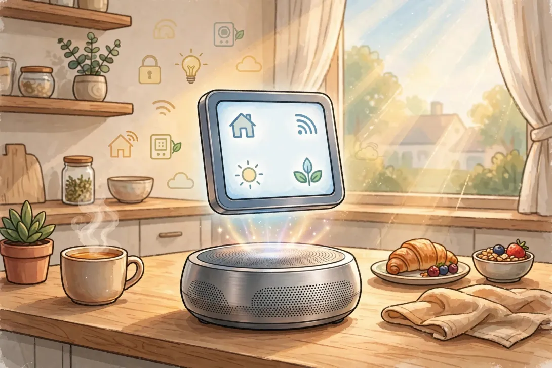 Cartoon illustration of a smart home hub with a square touchscreen display floating above a rounded speaker base on a kitchen countertop.