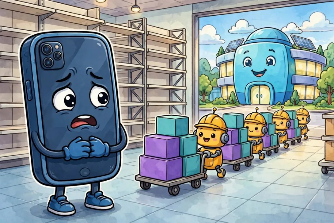 Cartoon illustration of a worried smartphone watching memory chips being carried toward a data center past empty store shelves.
