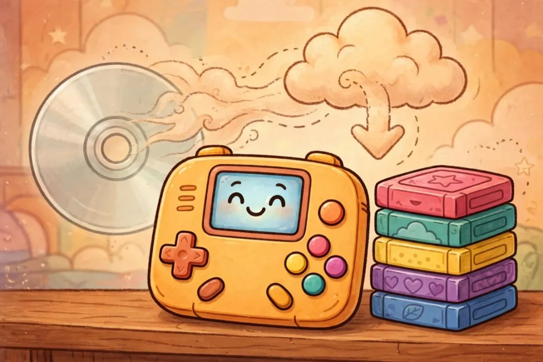 Cartoon illustration of a handheld game console beside a stack of colorful physical game cartridges on a shelf.