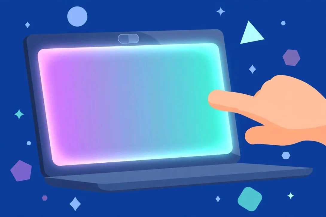 Cartoon illustration of a touchscreen laptop with a glowing display and a stylized finger touching the screen