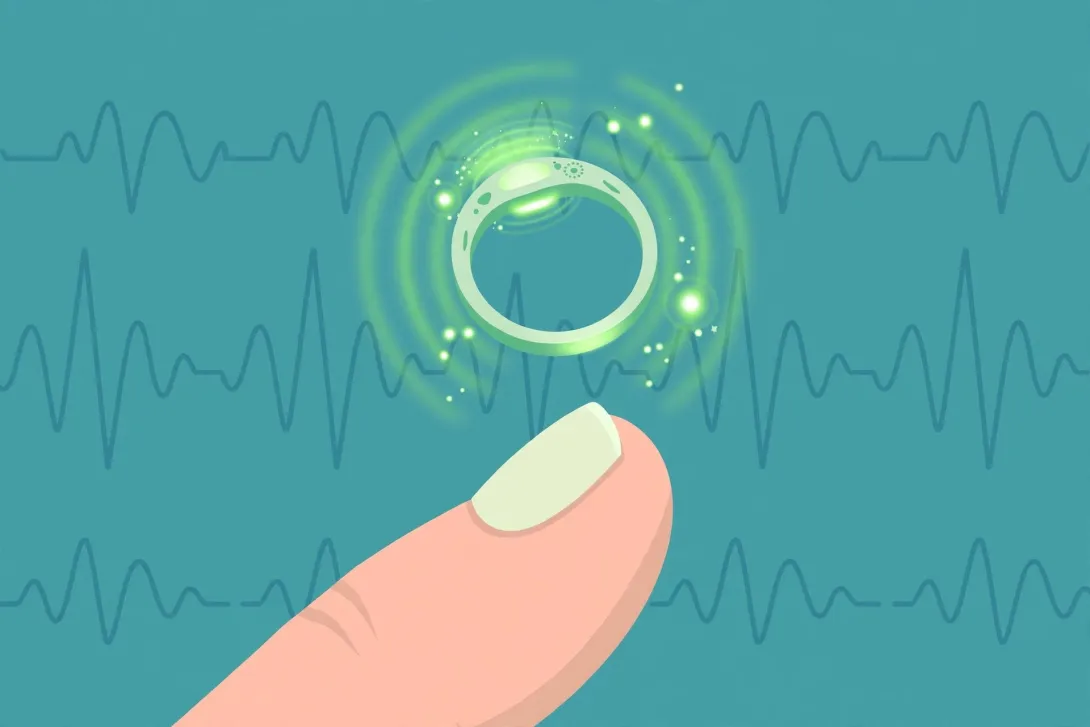 Cartoon illustration of a glowing health-tracking smart ring floating above a stylized fingertip with heartbeat waves