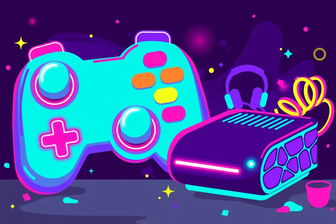 Cartoon illustration of a game controller with asymmetrical thumbsticks on a desk beside a stylized game console
