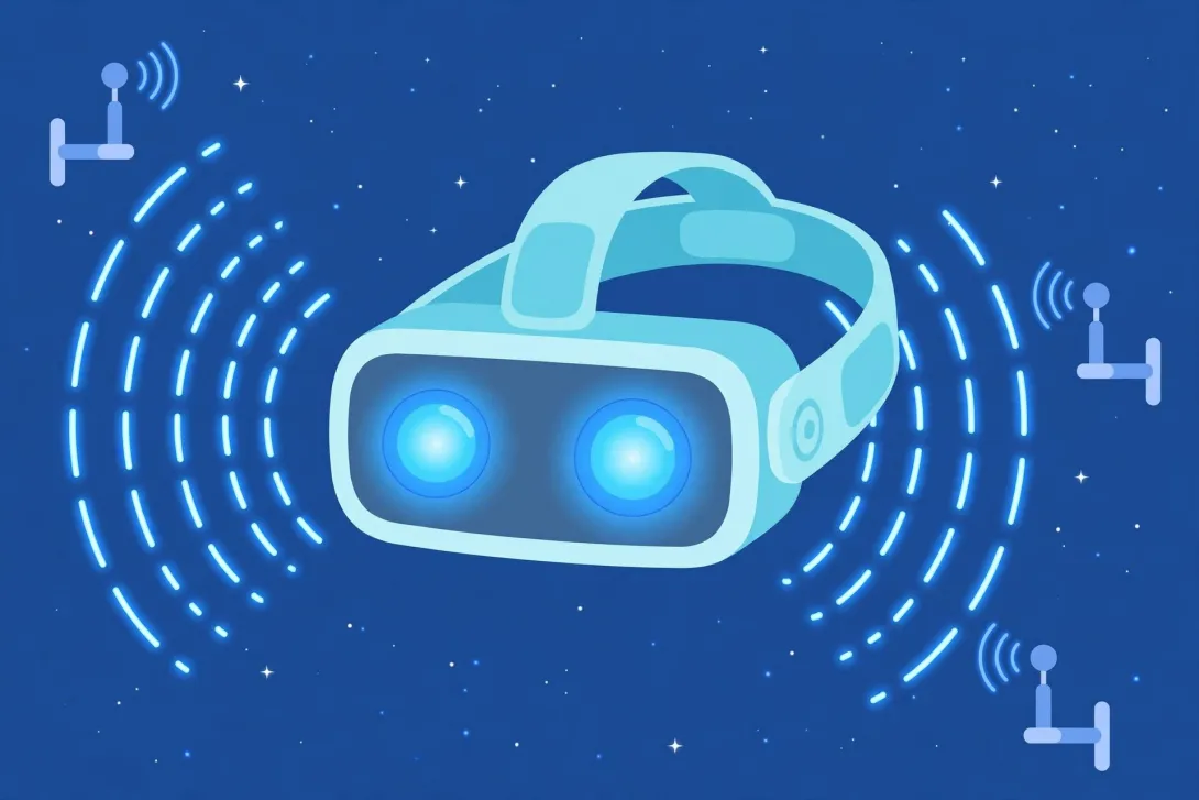 Cartoon illustration of a futuristic VR headset with glowing blue lenses and wireless waves reaching small room antennas