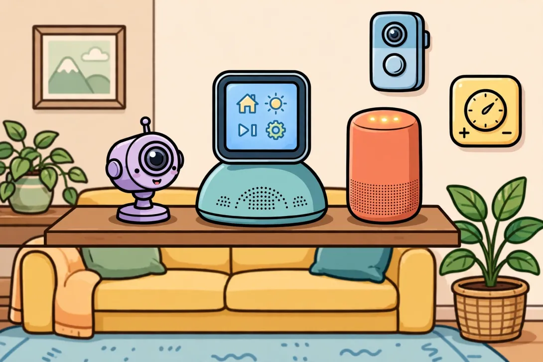 Cartoon illustration of a smart home hub with a small square screen on a speaker base, surrounded by smart home gadgets on a living room shelf.