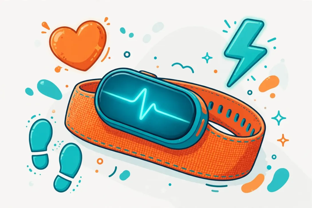 Cartoon illustration of a fitness tracker band with a glowing display, surrounded by playful health icons such as a heart and footsteps.