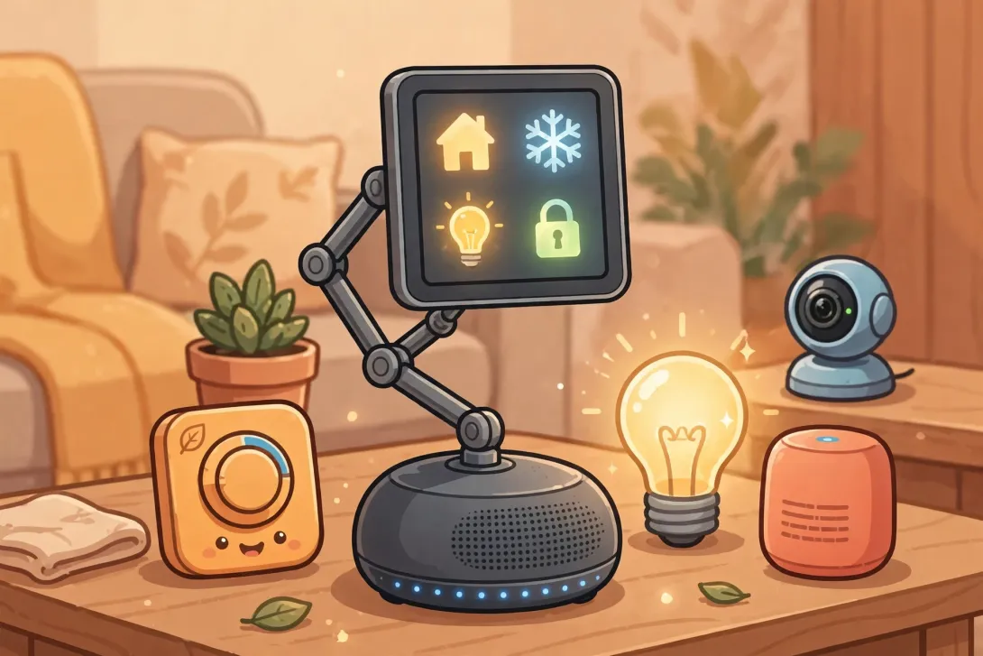 Cartoon illustration of a smart home hub with a touchscreen display on a speaker base, surrounded by smart home gadgets.