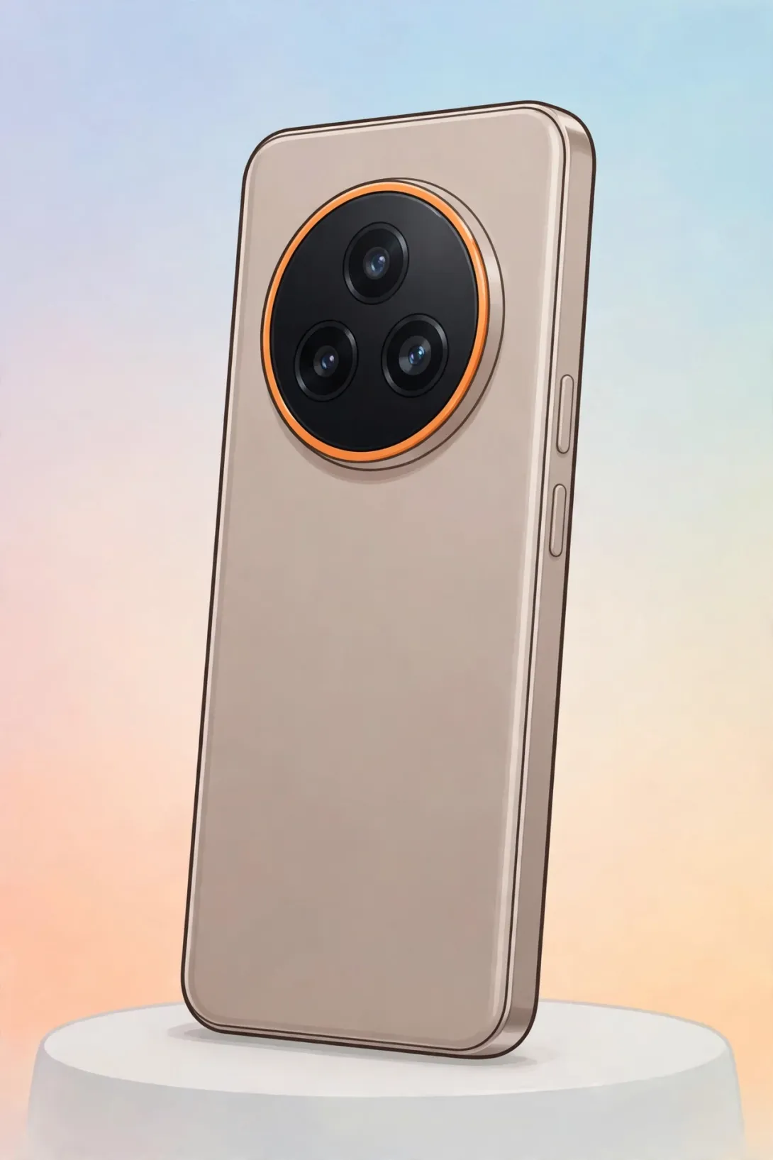 Cartoon illustration of a sleek smartphone with a large circular camera module ringed in orange.