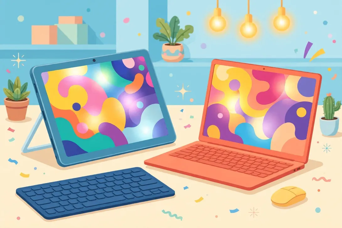 Cartoon illustration of a detachable tablet with keyboard and a slim laptop with colorful abstract screens on a bright desk beside a wireless mouse.