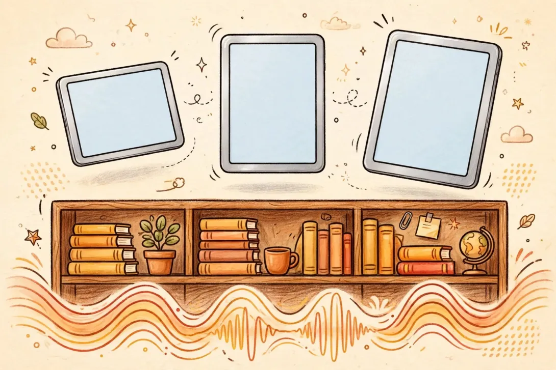 Cartoon illustration of three aluminum Alexa tablets of different sizes floating over a bookshelf with playful sound waves