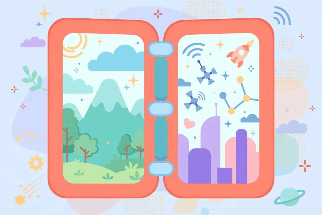 Cartoon illustration of a foldable smartphone opening like a book with two screens.