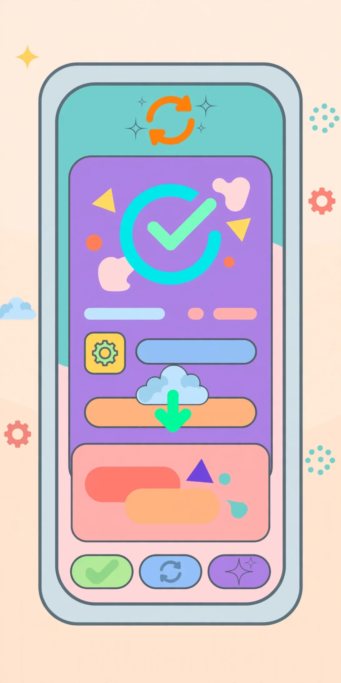Cartoon illustration of a smartphone screen showing a refreshed operating system interface.