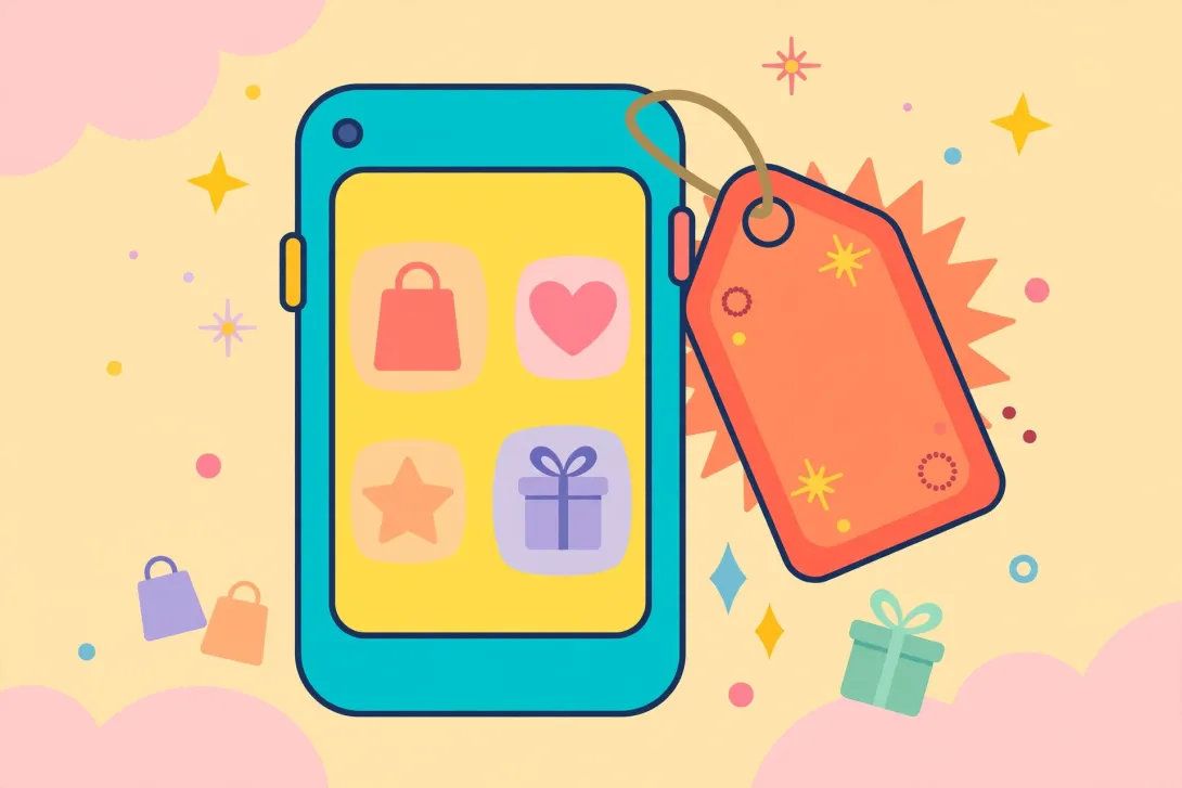Cartoon illustration of a smartphone with a large sale price tag hanging from it.