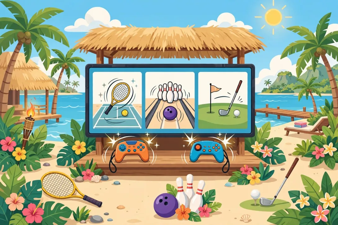 Cartoon illustration of motion-controlled sports video gaming on a tropical island resort.