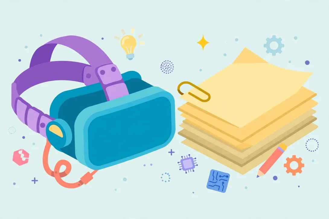 Cartoon illustration of a virtual reality headset beside a stack of patent documents.