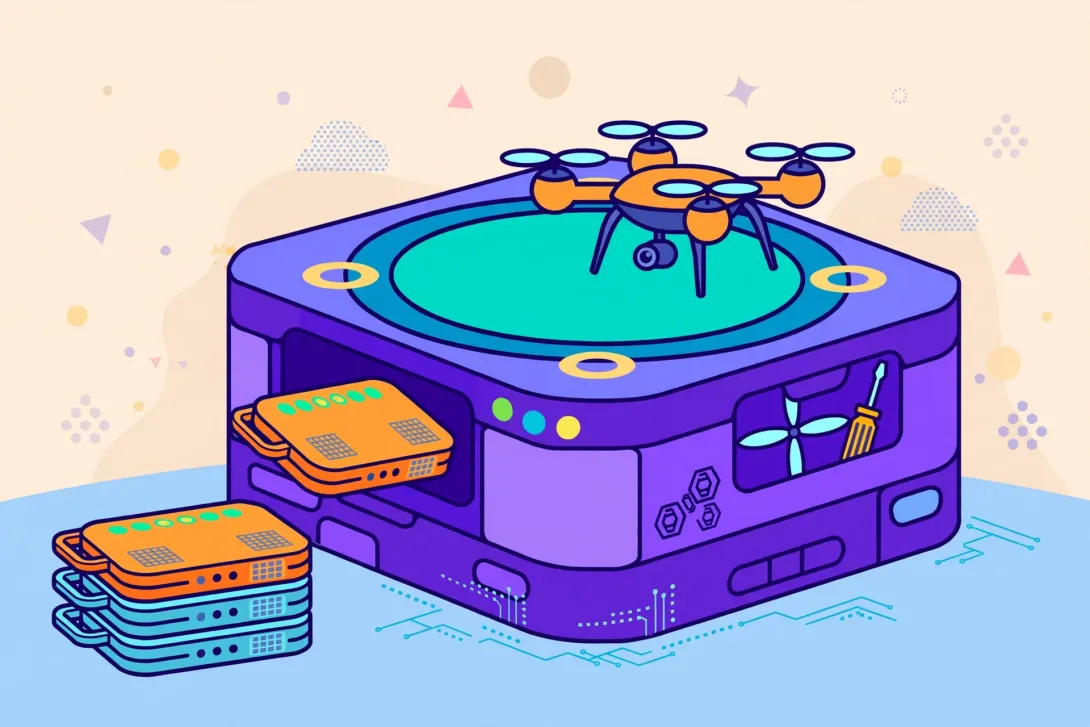 Cartoon illustration of a drone docking station with a swappable battery pack.