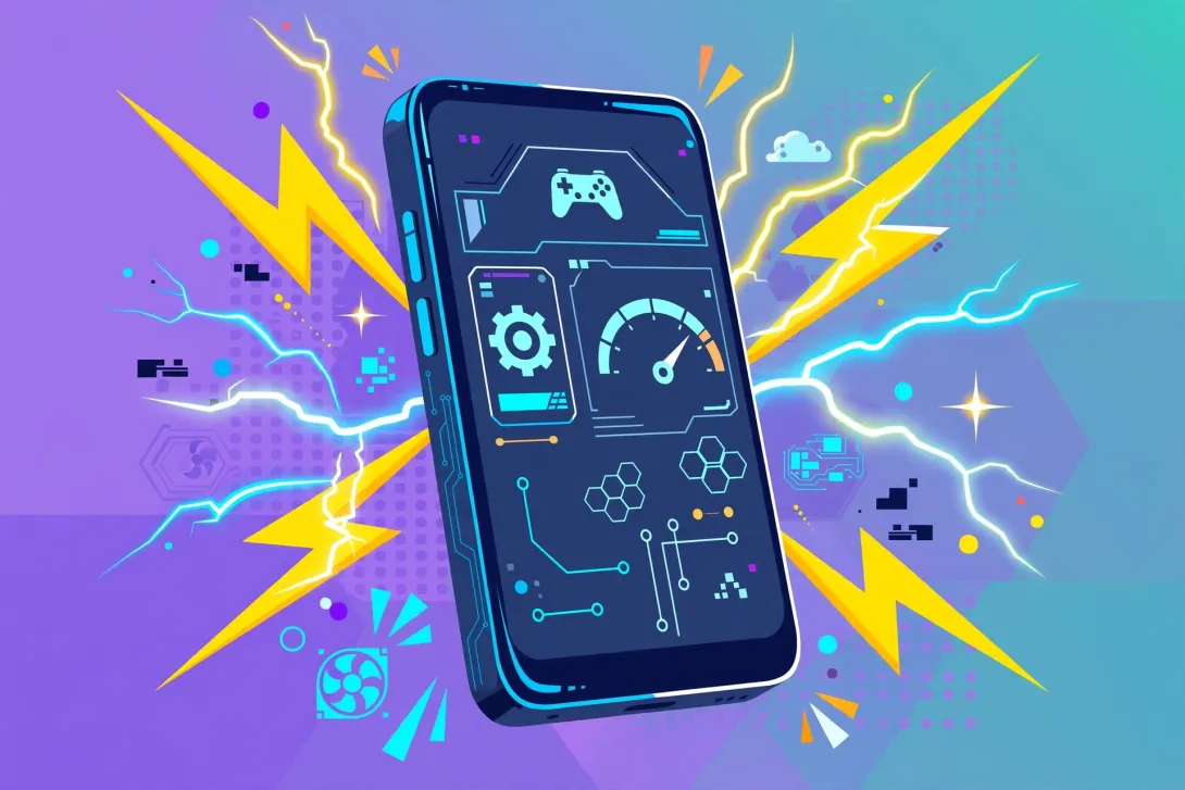Cartoon illustration of a high-spec smartphone with lightning energy effects around it.