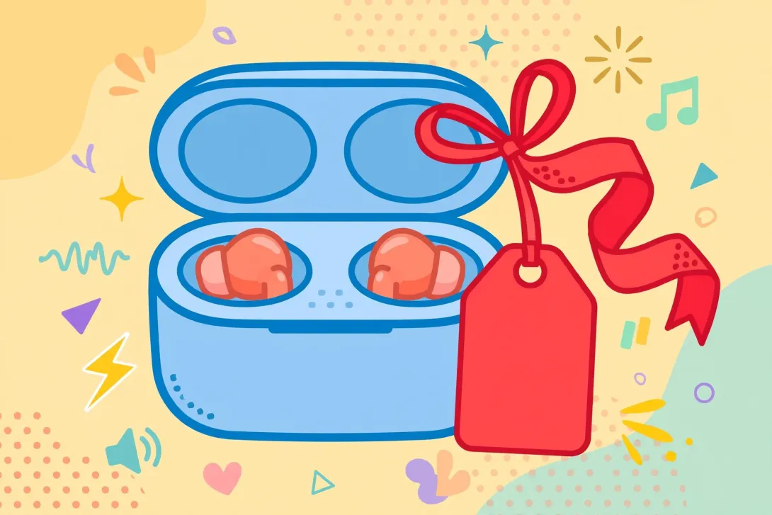 Cartoon illustration of wireless earbuds in a charging case with a sale tag ribbon.