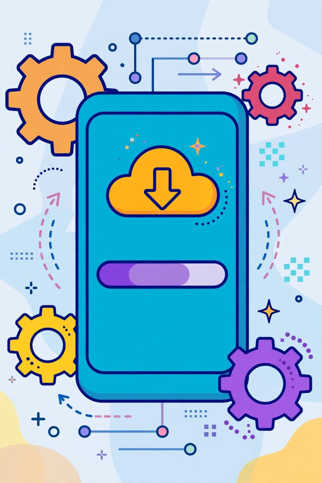 Cartoon illustration of a smartphone downloading a software update with gear icons.