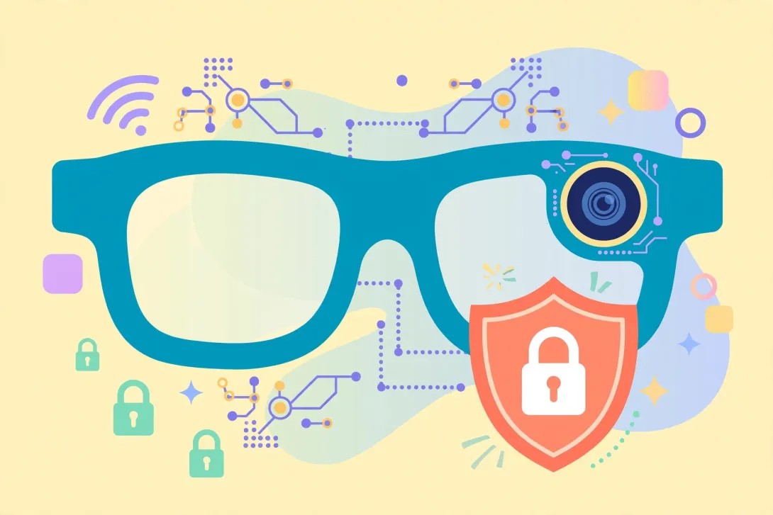 Cartoon illustration of smart glasses with a camera lens and a privacy shield symbol.