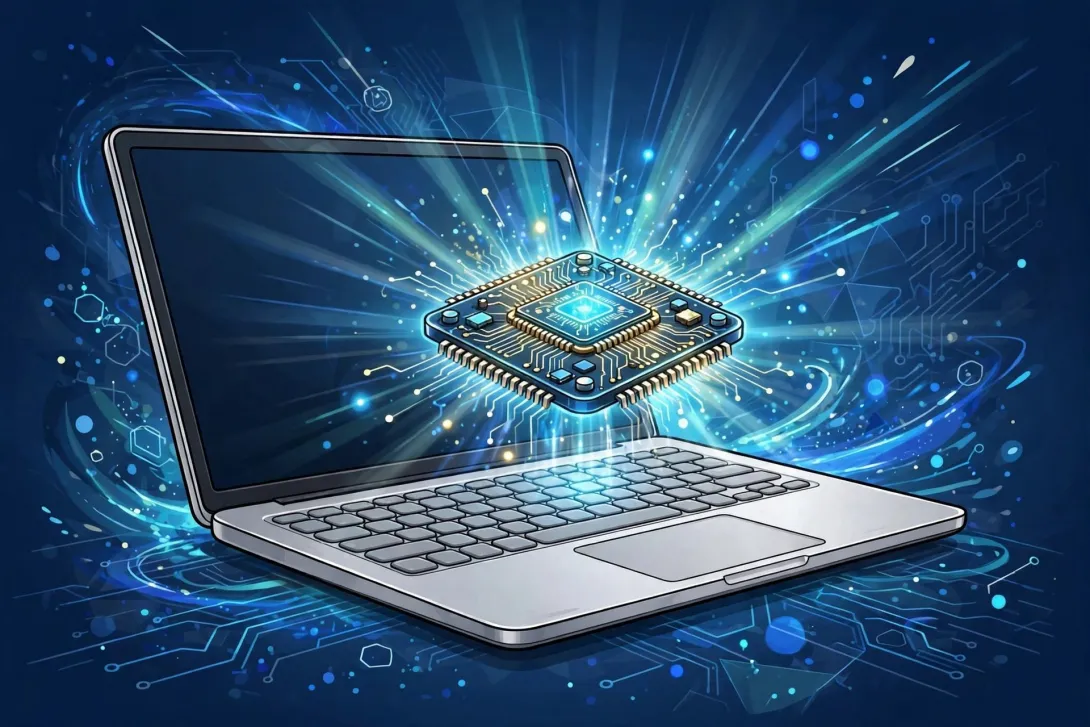 Cartoon illustration of a silver laptop with a glowing computer chip rising above the keyboard.